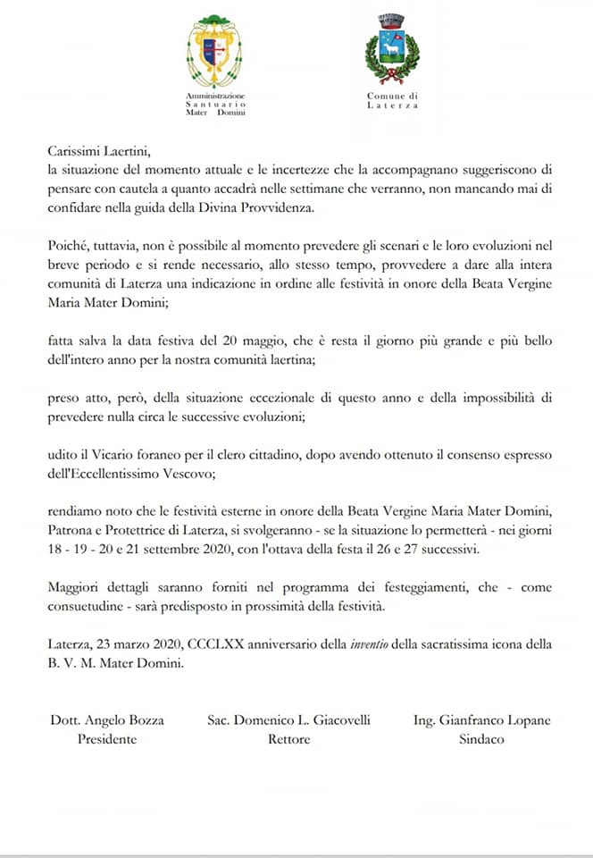 Comunicato Ufficiale Del Comitato Feste Patronali